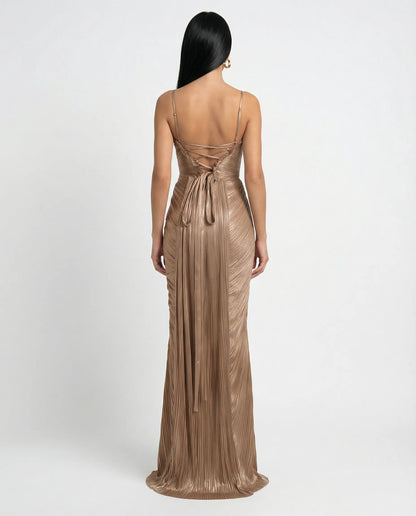 Stella - Pleated Corset Maxi Dress in Gold - product view 2 - Sela Look