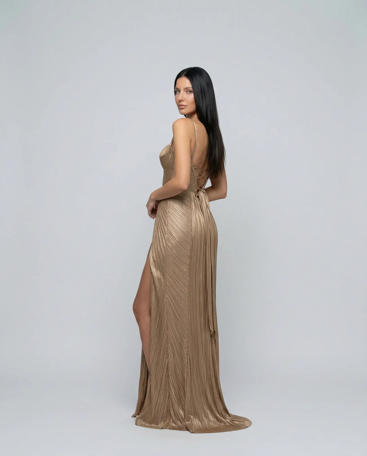Stella - Pleated Corset Maxi Dress in Gold - product view 3 - Sela Look