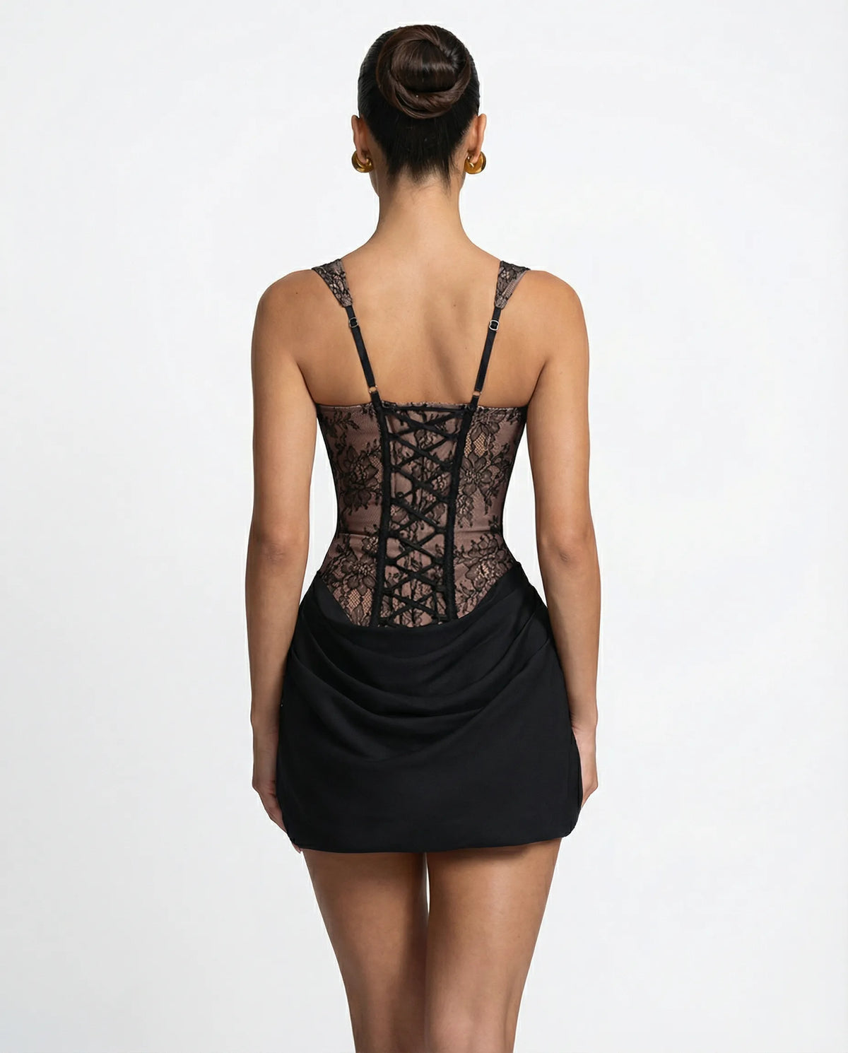 Evelyn - Lace Corset Mini Dress with Draped Skirt - product view 7 - Sela Look