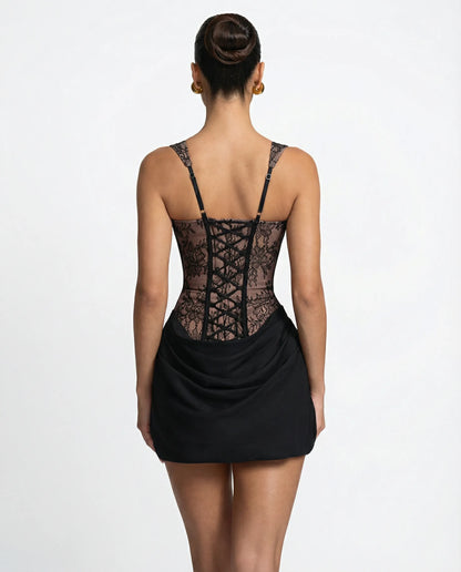 Evelyn - Lace Corset Mini Dress with Draped Skirt - product view 7 - Sela Look