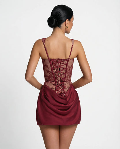 Evelyn - Lace Corset Mini Dress with Draped Skirt - product view 3 - Sela Look
