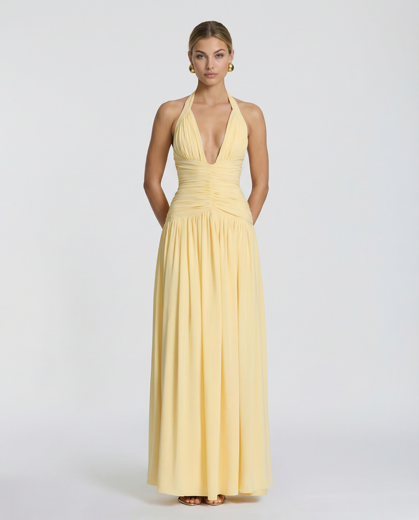 Margaret - Halter-Neck Ruched Maxi Dress - product view 4 - Sela Look