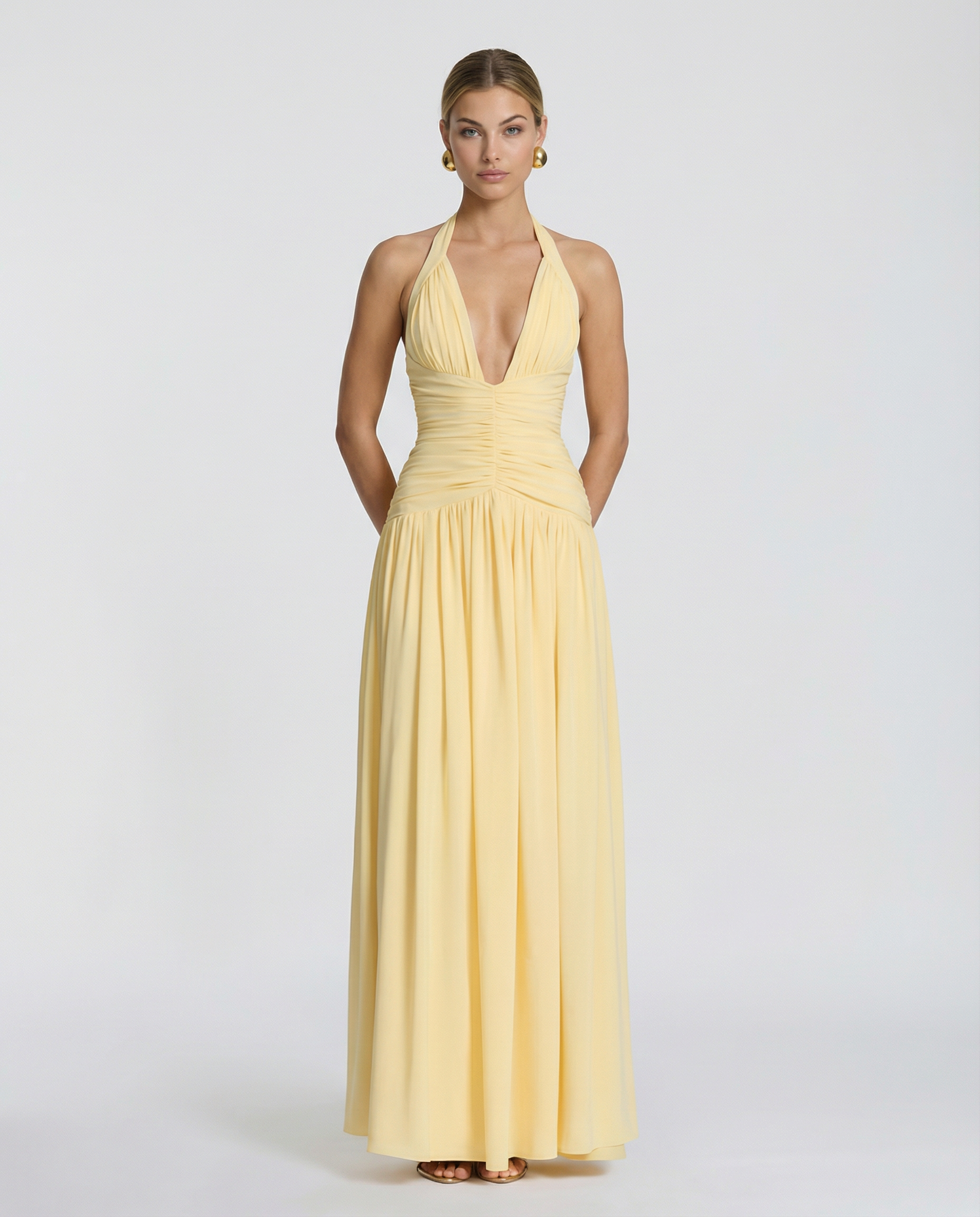 Margaret - Halter-Neck Ruched Maxi Dress - product view 4 - Sela Look