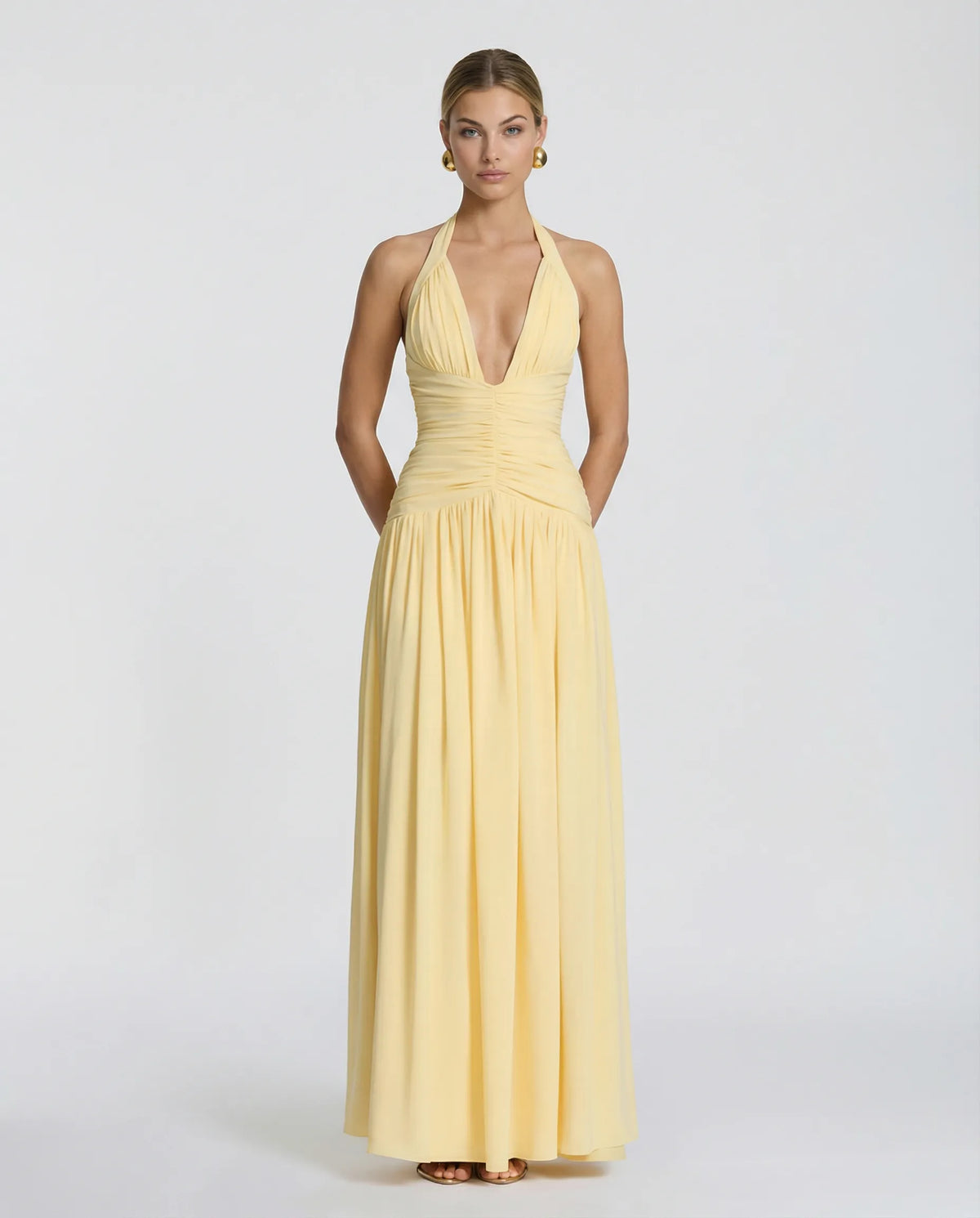 Margaret - Halter-Neck Ruched Maxi Dress - product view 4 - Sela Look