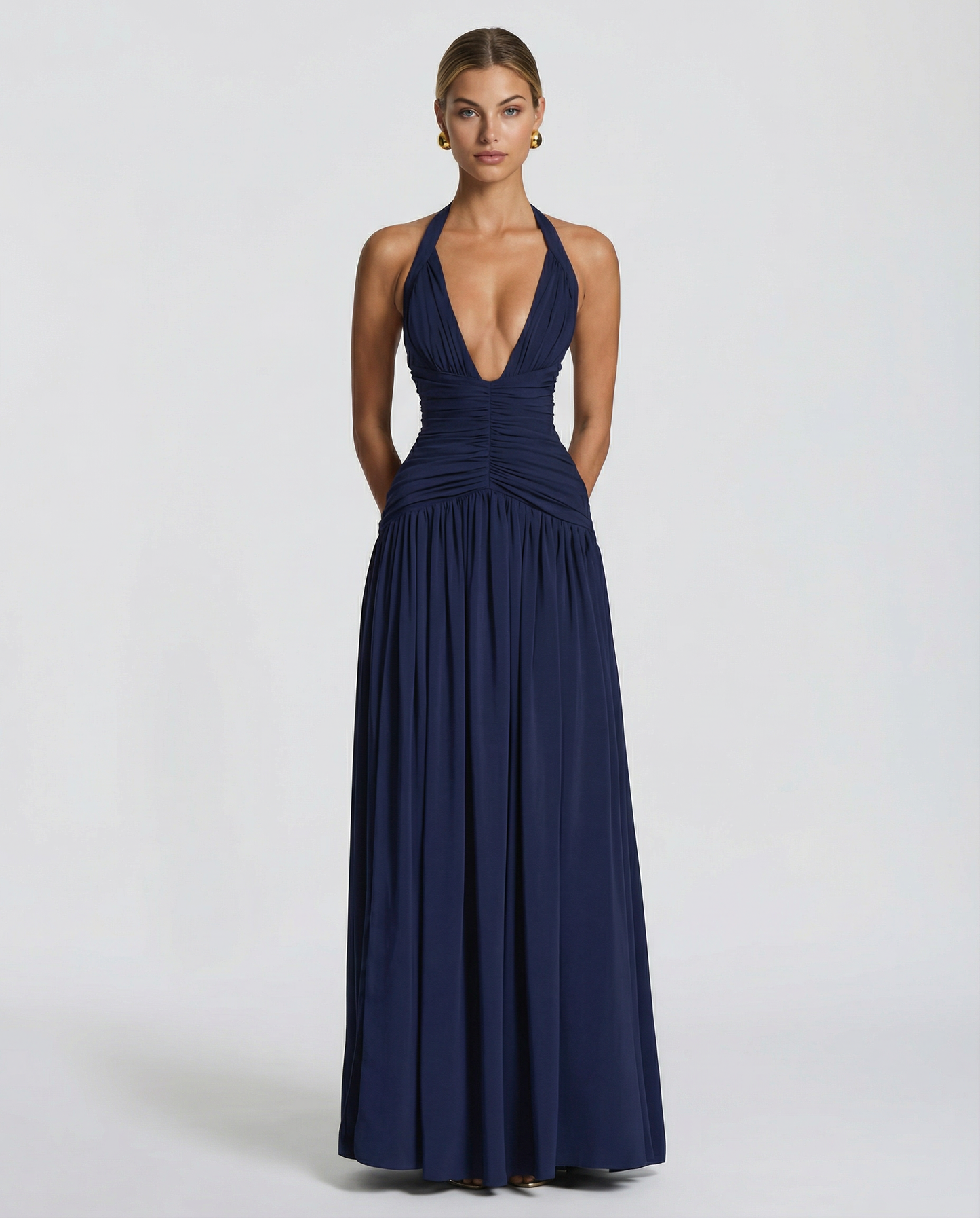 Margaret - Halter-Neck Ruched Maxi Dress - product view 8 - Sela Look