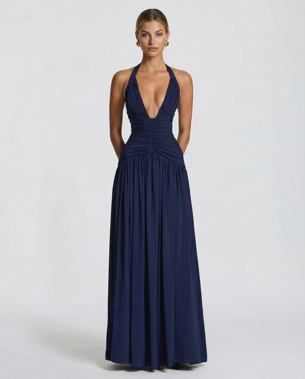 Margaret - Halter-Neck Ruched Maxi Dress - product view 8 - Sela Look