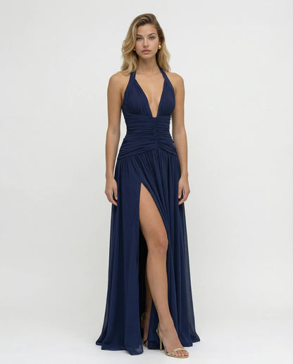 Margaret - Halter-Neck Ruched Maxi Dress - product view 9 - Sela Look