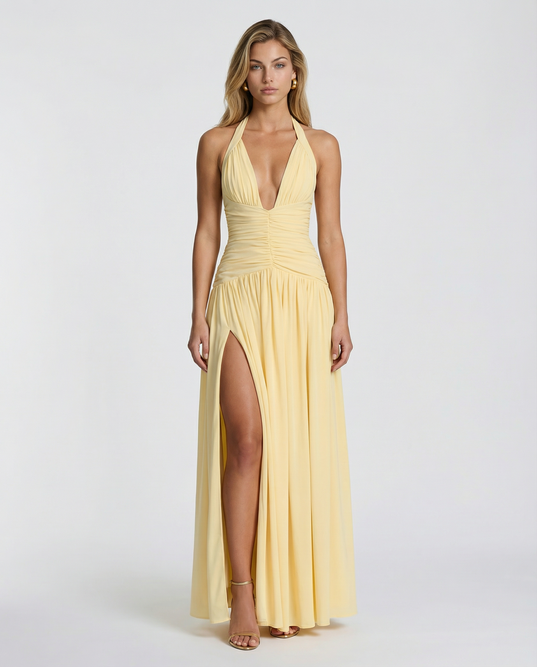 Margaret - Halter-Neck Ruched Maxi Dress - product view 1 - Sela Look
