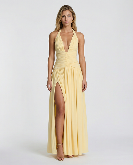 Margaret - Halter-Neck Ruched Maxi Dress - product view 1 - Sela Look