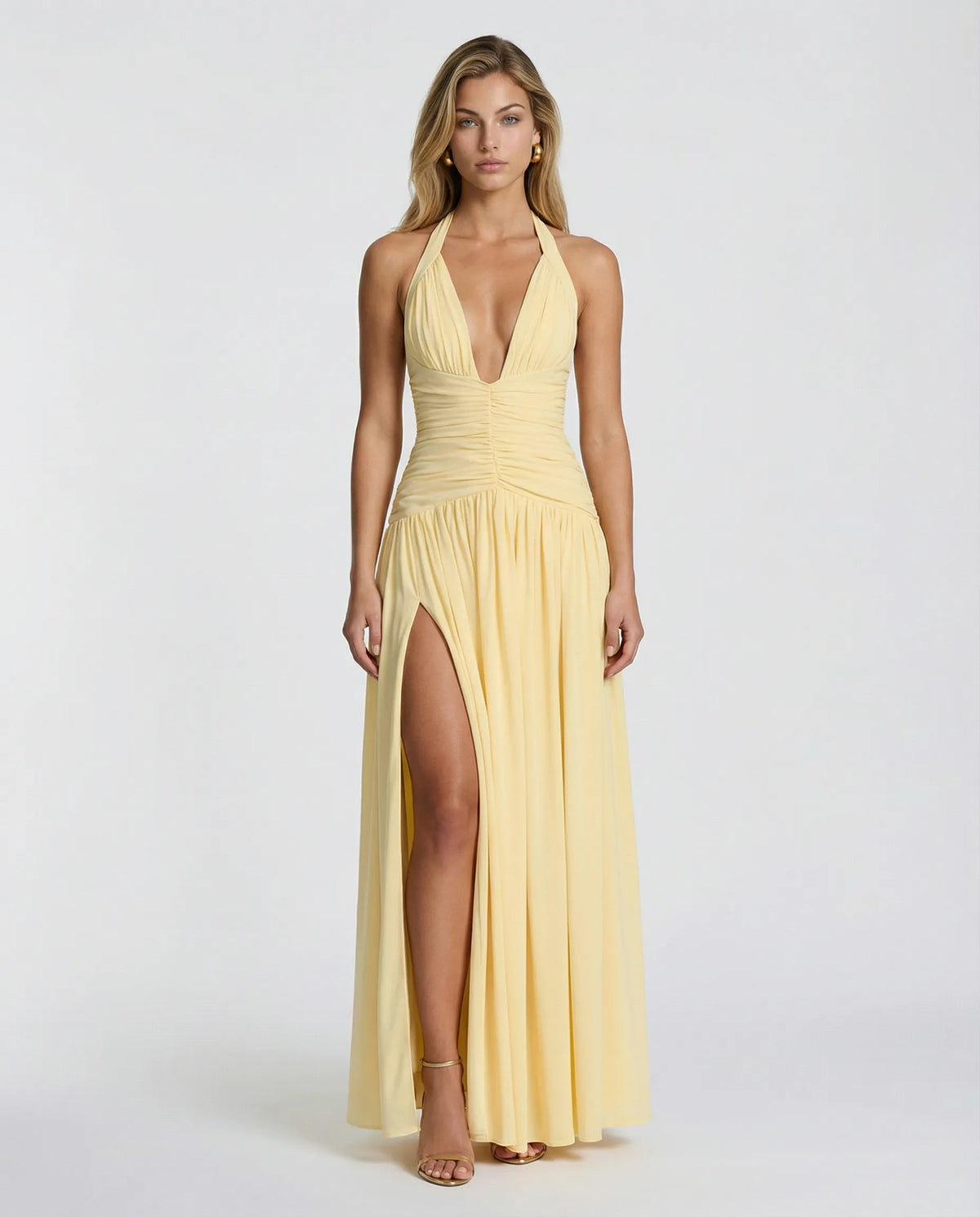 Margaret - Halter-Neck Ruched Maxi Dress - product view 1 - Sela Look