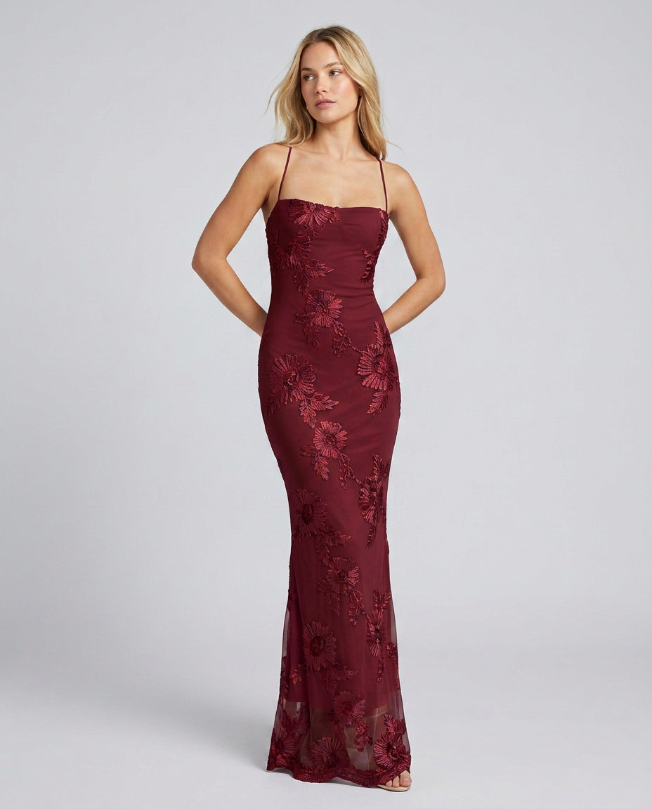 Angela | Floral Appliqué Lace-Up Maxi Dress