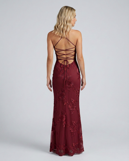 Angela | Floral Appliqué Lace-Up Maxi Dress
