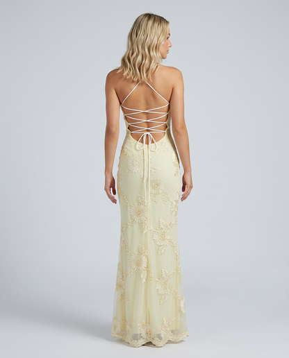 Angela | Floral Appliqué Lace-Up Maxi Dress