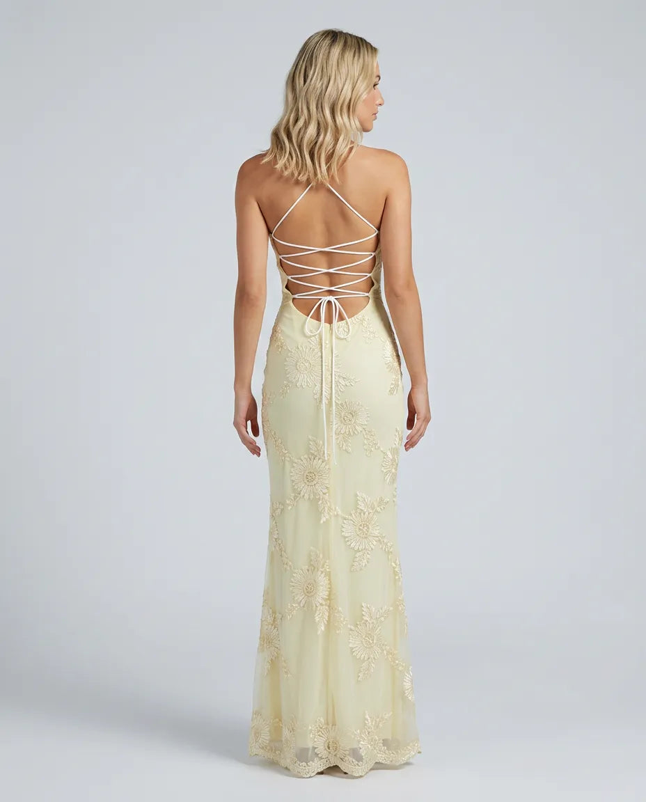 Angela | Floral Appliqué Lace-Up Maxi Dress, product image 2