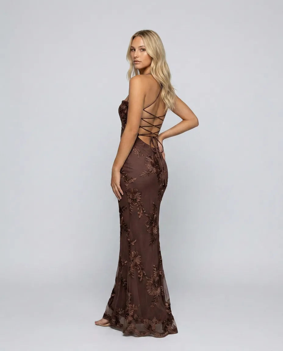Angela | Floral Appliqué Lace-Up Maxi Dress, product image 12