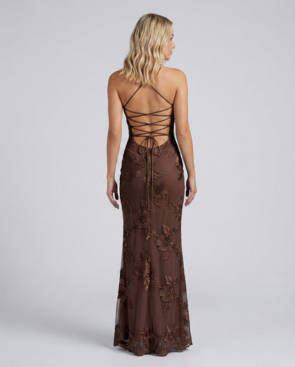 Angela | Floral Appliqué Lace-Up Maxi Dress