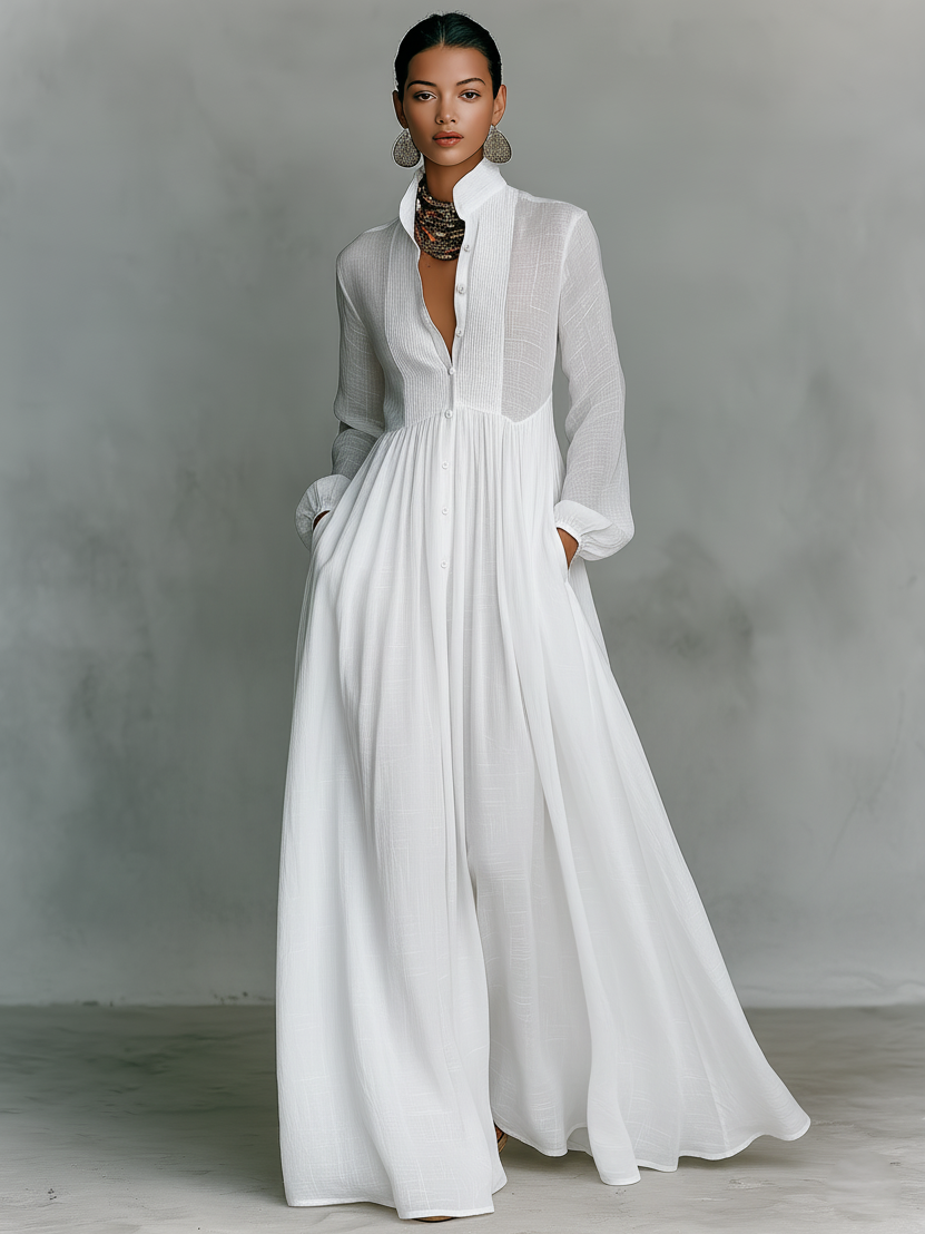 Refined Cotton-Linen Button-Front Long-Sleeve Maxi Dress — product view 4