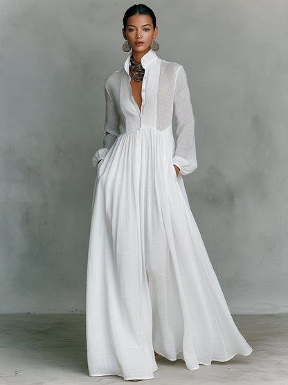 Refined Cotton-Linen Button-Front Long-Sleeve Maxi Dress — product view 4