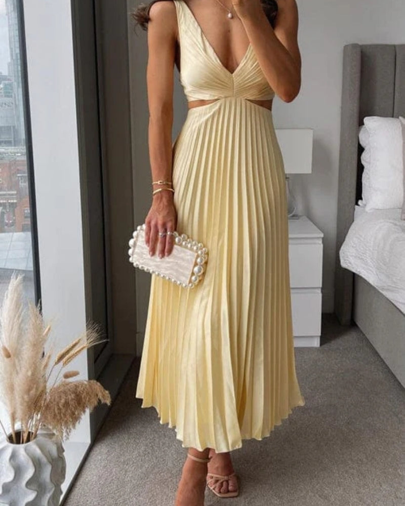 Elegant V-Neck Sleeveless Pleated Wedding Guest Midi Dress — product view 1