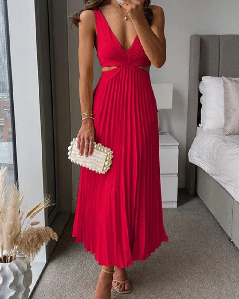Elegant V-Neck Sleeveless Pleated Wedding Guest Midi Dress — product view 2