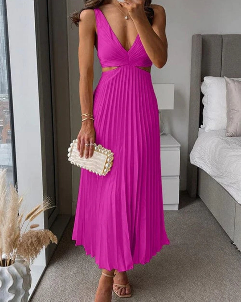 Elegant V-Neck Sleeveless Pleated Wedding Guest Midi Dress — product view 3