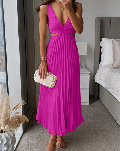 Elegant V-Neck Sleeveless Pleated Wedding Guest Midi Dress — product view 3