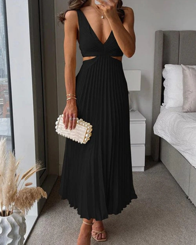 Elegant V-Neck Sleeveless Pleated Wedding Guest Midi Dress — product view 4