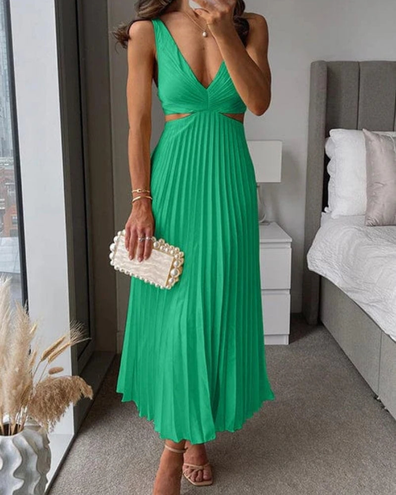 Elegant V-Neck Sleeveless Pleated Wedding Guest Midi Dress — product view 5