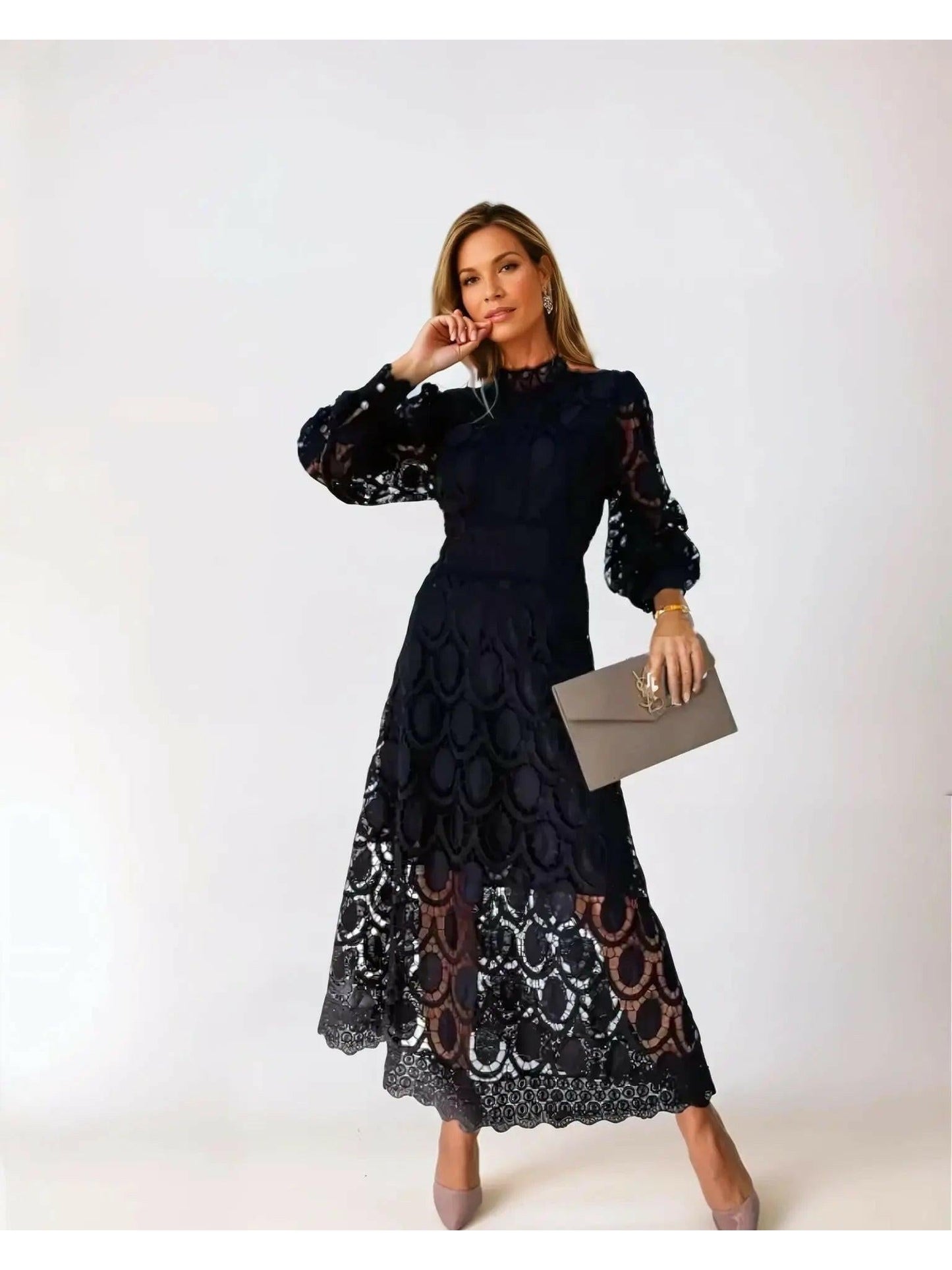 Elegant Long-Sleeve Formal Lace Midi Wedding Guest Dress — product view 2