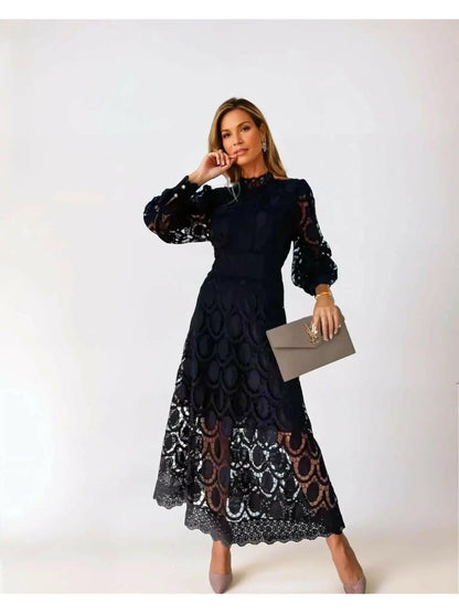 Elegant Long-Sleeve Formal Lace Midi Wedding Guest Dress — product view 2