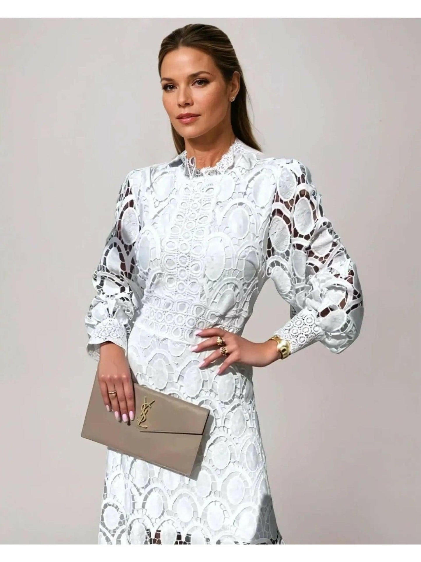 Elegant Long-Sleeve Formal Lace Midi Wedding Guest Dress — product view 3