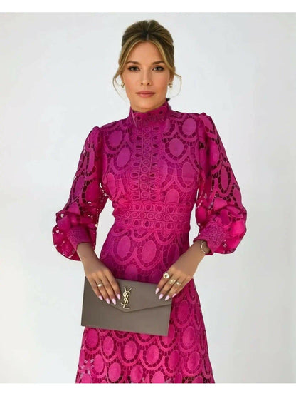 Elegant Long-Sleeve Formal Lace Midi Wedding Guest Dress — product view 4