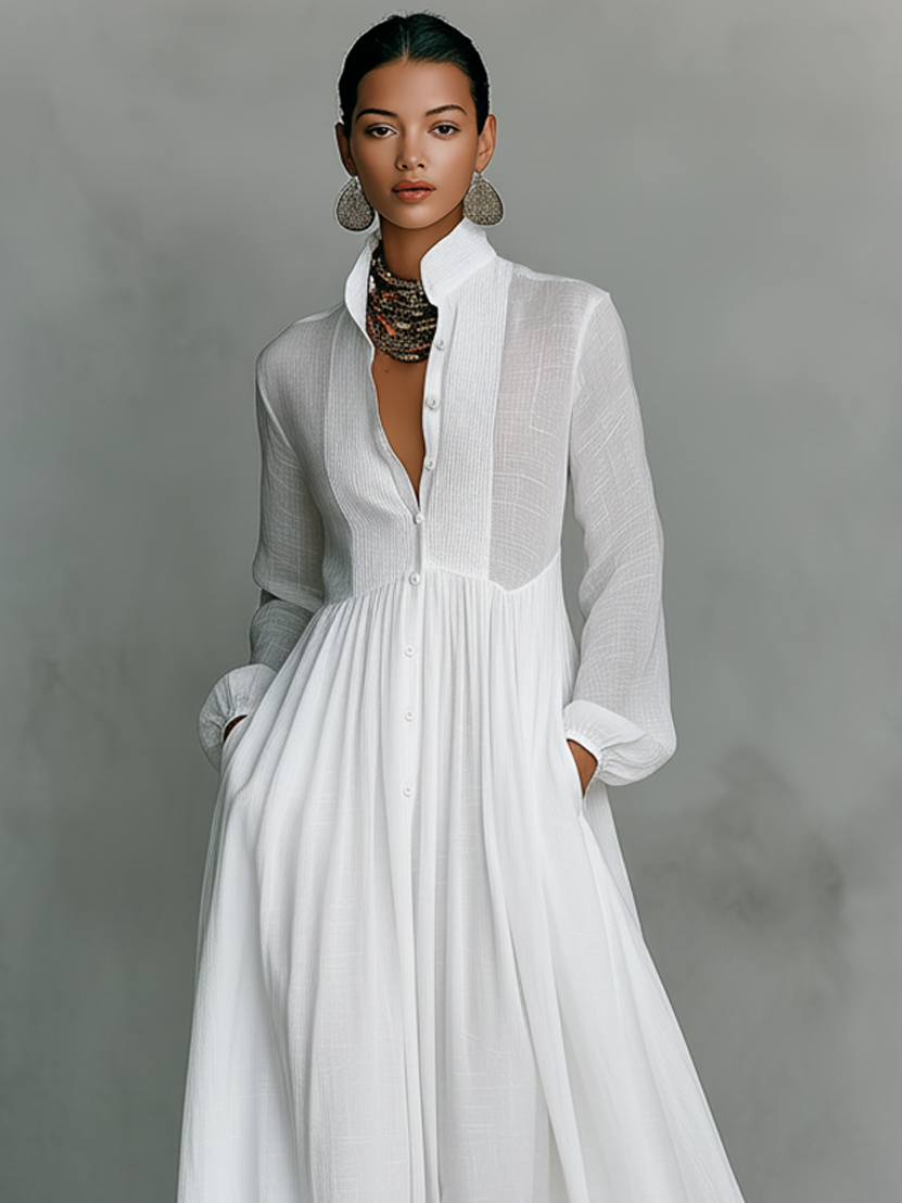 Refined Cotton-Linen Button-Front Long-Sleeve Maxi Dress — product view 2