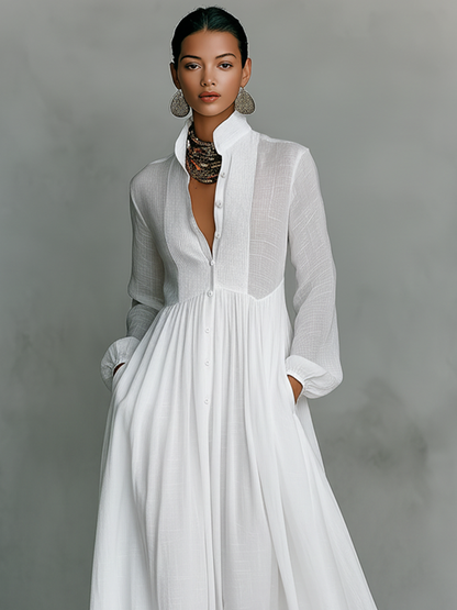 Refined Cotton-Linen Button-Front Long-Sleeve Maxi Dress — product view 2