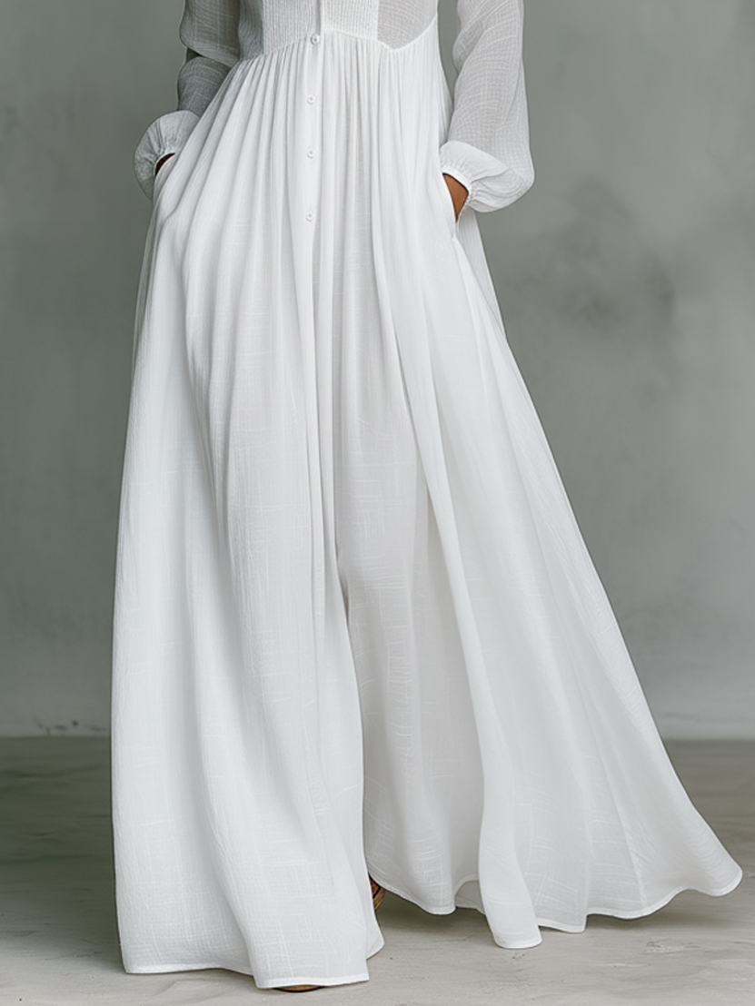 Refined Cotton-Linen Button-Front Long-Sleeve Maxi Dress — product view 3
