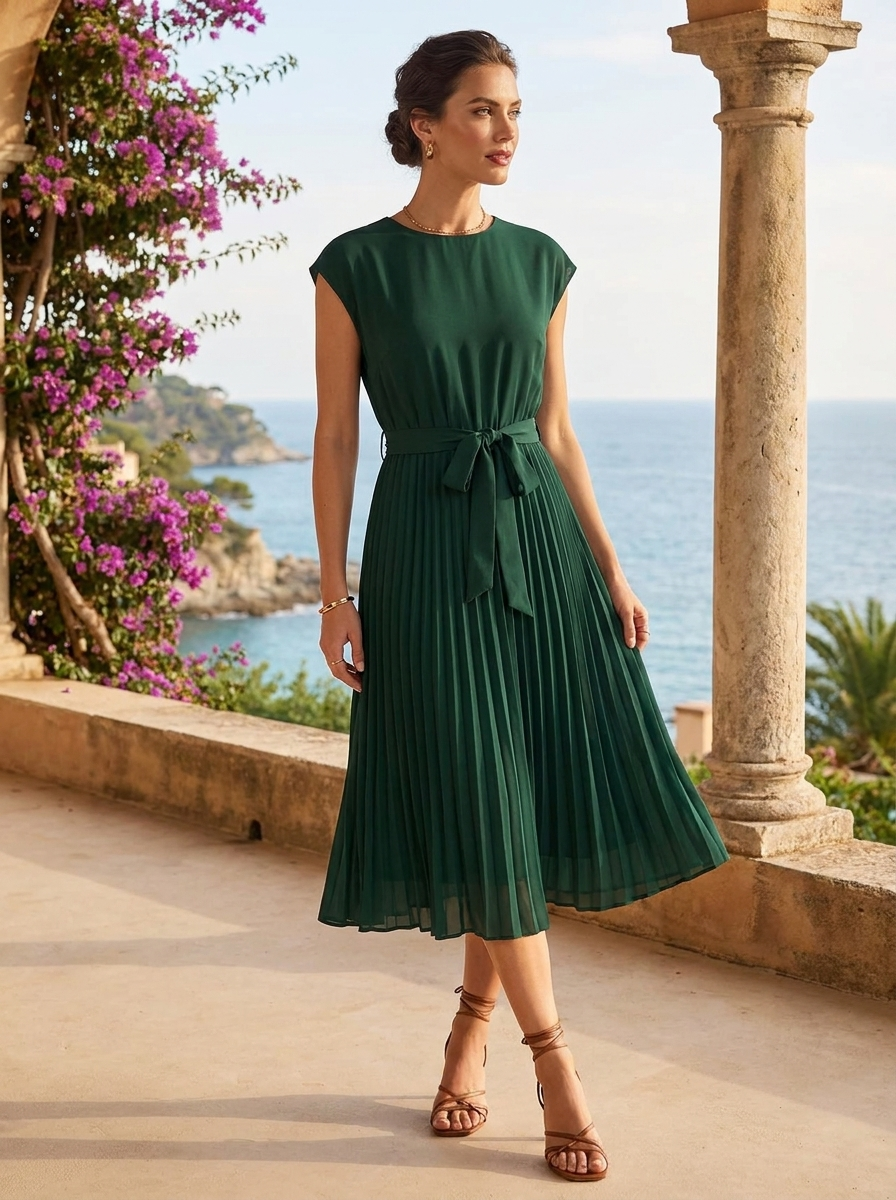 Elegant Pleated Belted Formal Midi Dress — product view 4