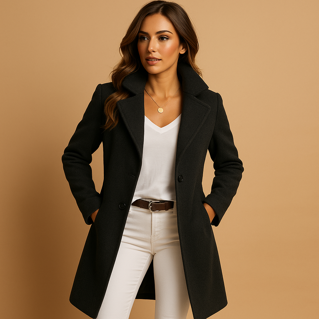 Women's Long Trench Coat with Buttons Tailored Overcoat Casual Formal — Color: Black