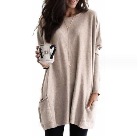 Women's Long Sweater Casual Modern Knit Top Comfortable Everyday — Color: Beige