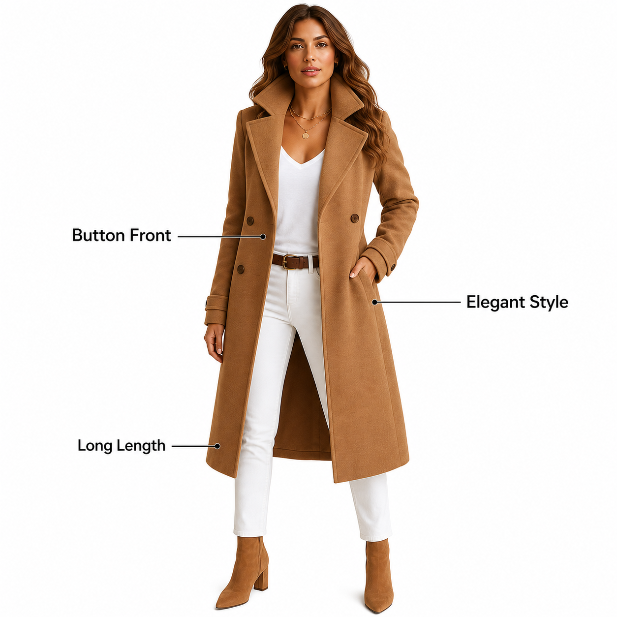 Women's Long Trench Coat with Buttons Tailored Overcoat Casual Formal - Gallery A position 5