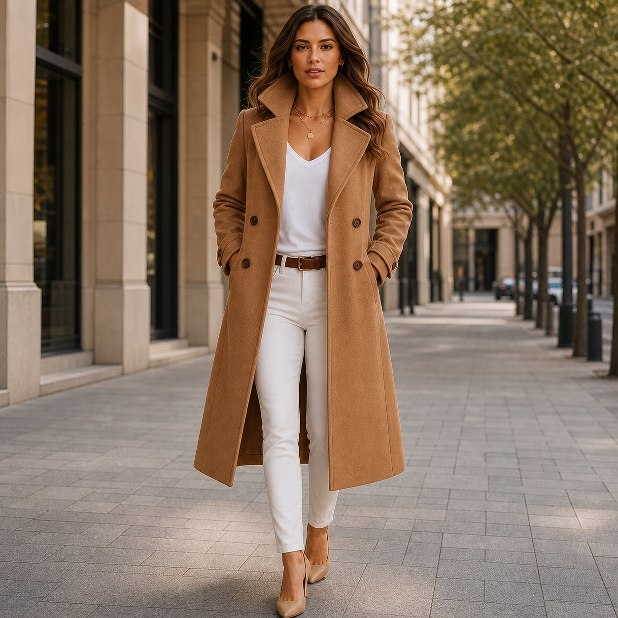 Women's Long Trench Coat with Buttons Tailored Overcoat Casual Formal - Gallery B position 2