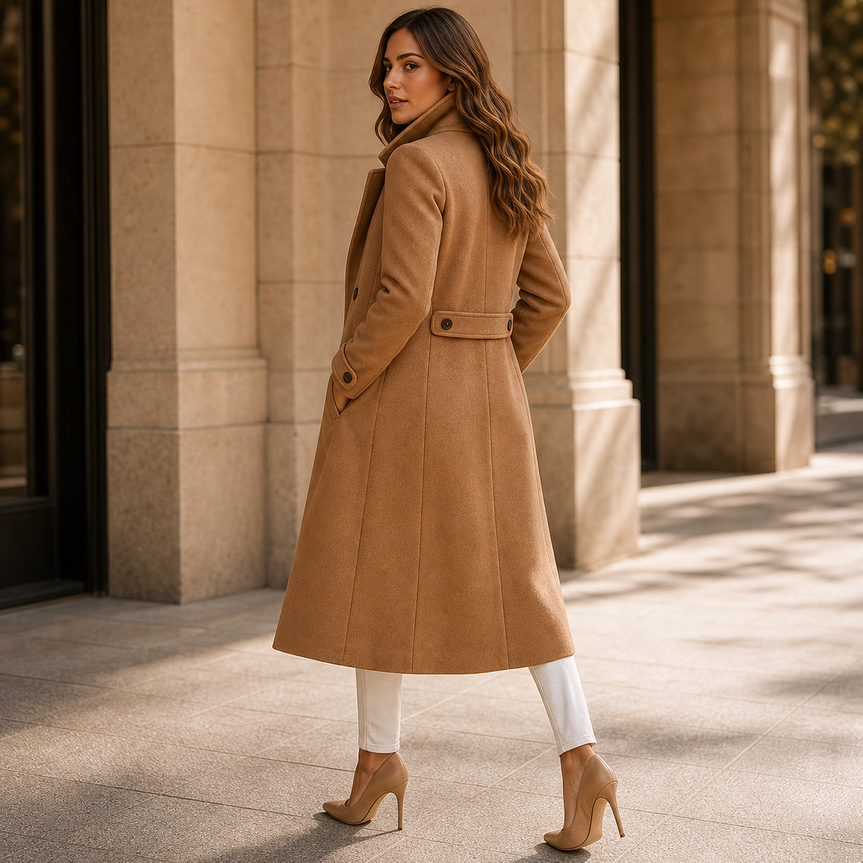 Women's Long Trench Coat with Buttons Tailored Overcoat Casual Formal - Gallery B position 3