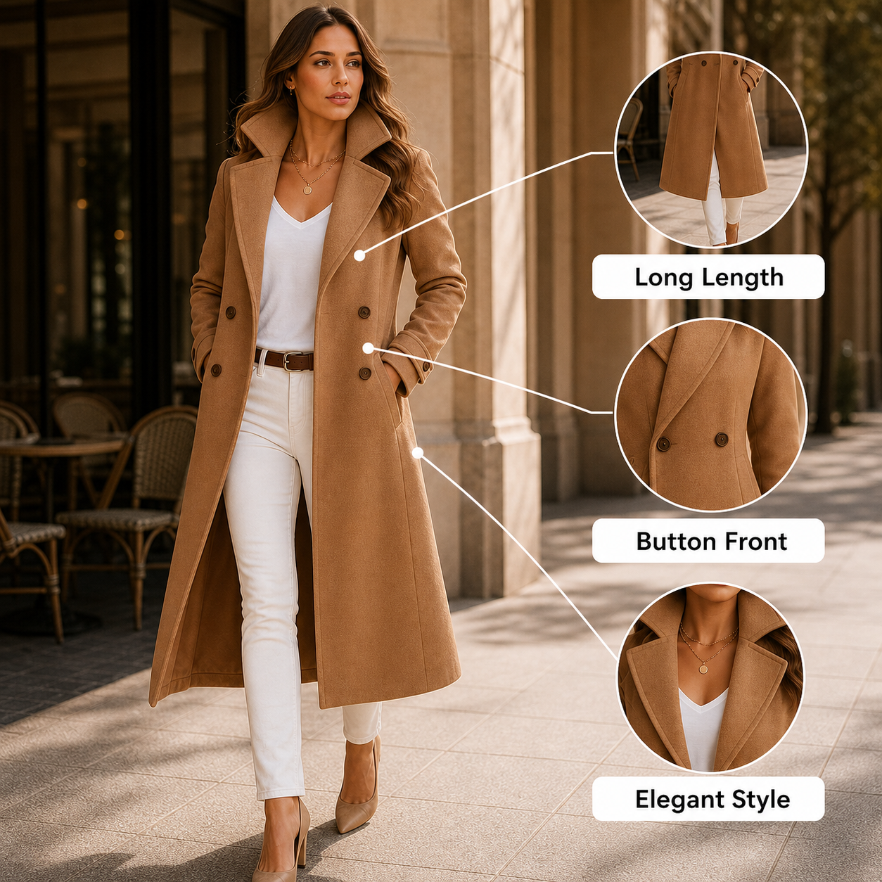 Women's Long Trench Coat with Buttons Tailored Overcoat Casual Formal - Gallery B position 5