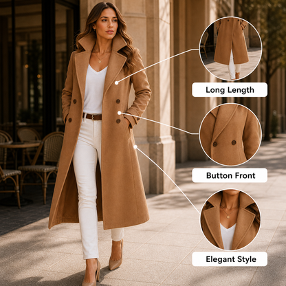 Women's Long Trench Coat with Buttons Tailored Overcoat Casual Formal - Gallery B position 5