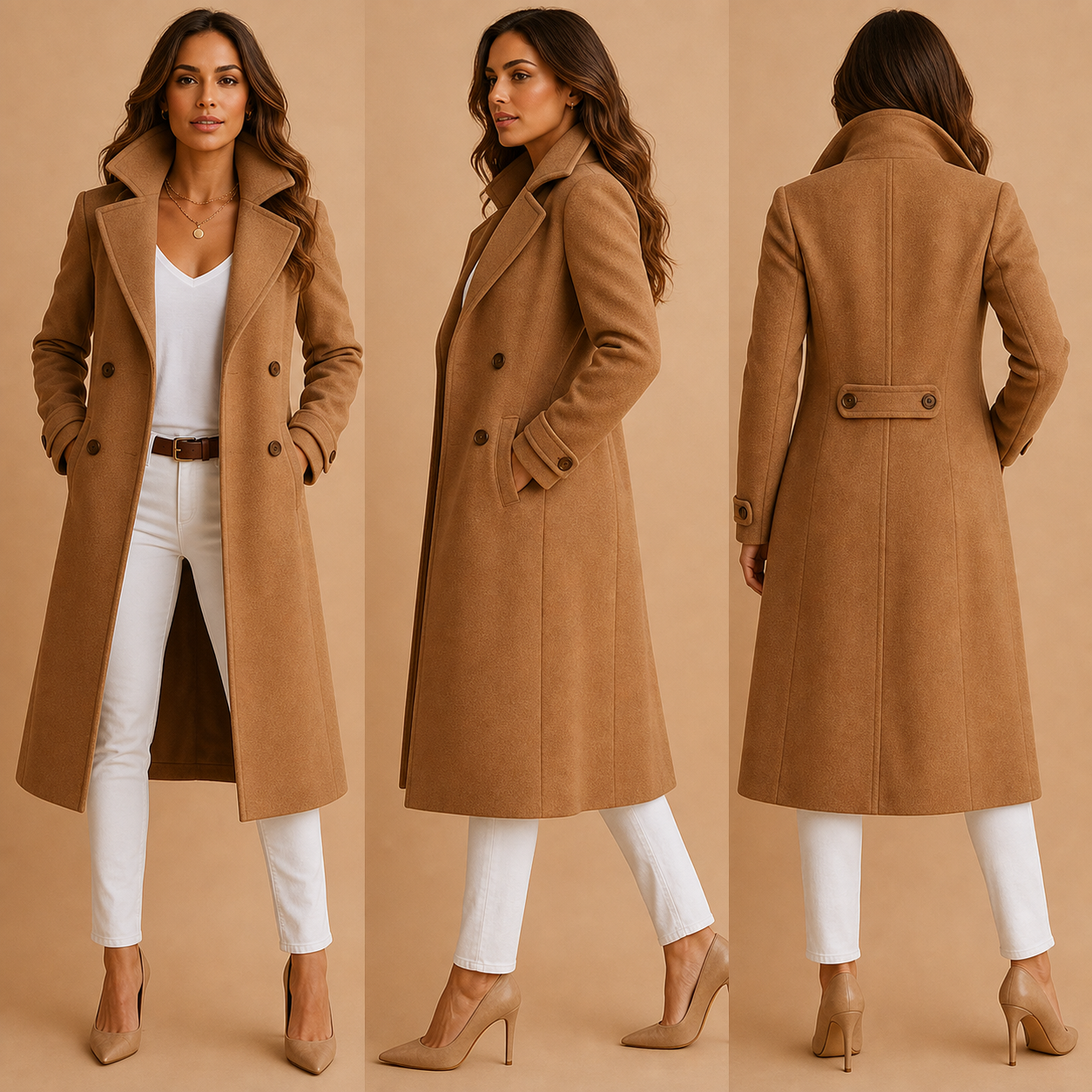 Women's Long Trench Coat with Buttons Tailored Overcoat Casual Formal - Gallery B position 6