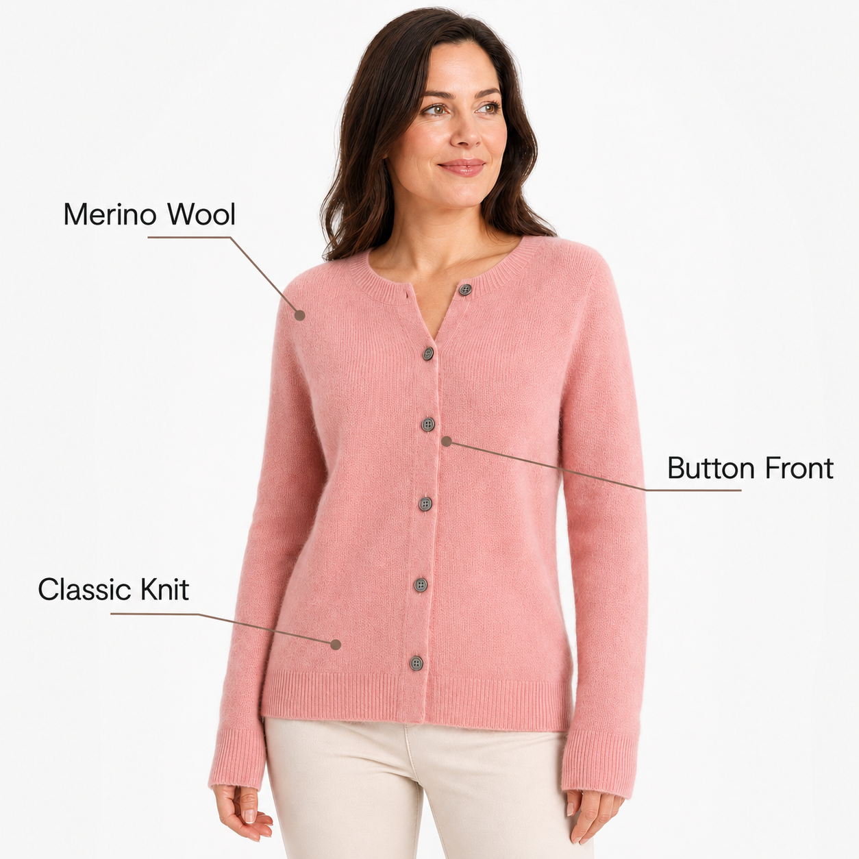 Women's Merino Wool Cardigan O-Neck Cashmere Jumper Warm Knit - Gallery A position 5