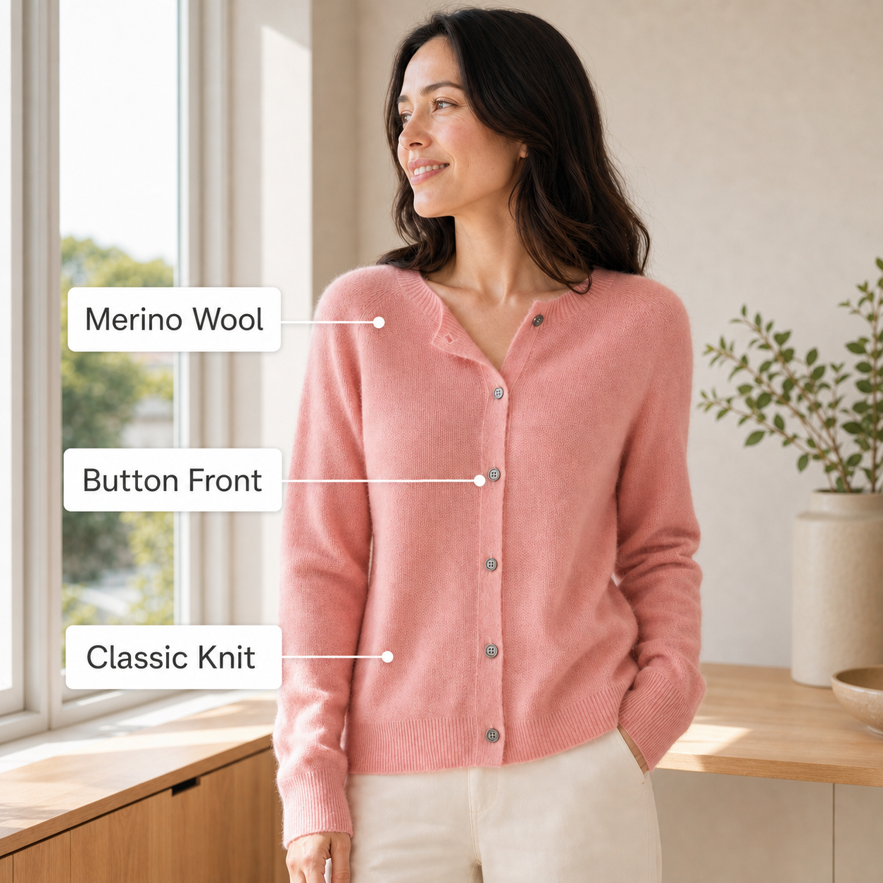 Women's Merino Wool Cardigan O-Neck Cashmere Jumper Warm Knit - Gallery B position 5