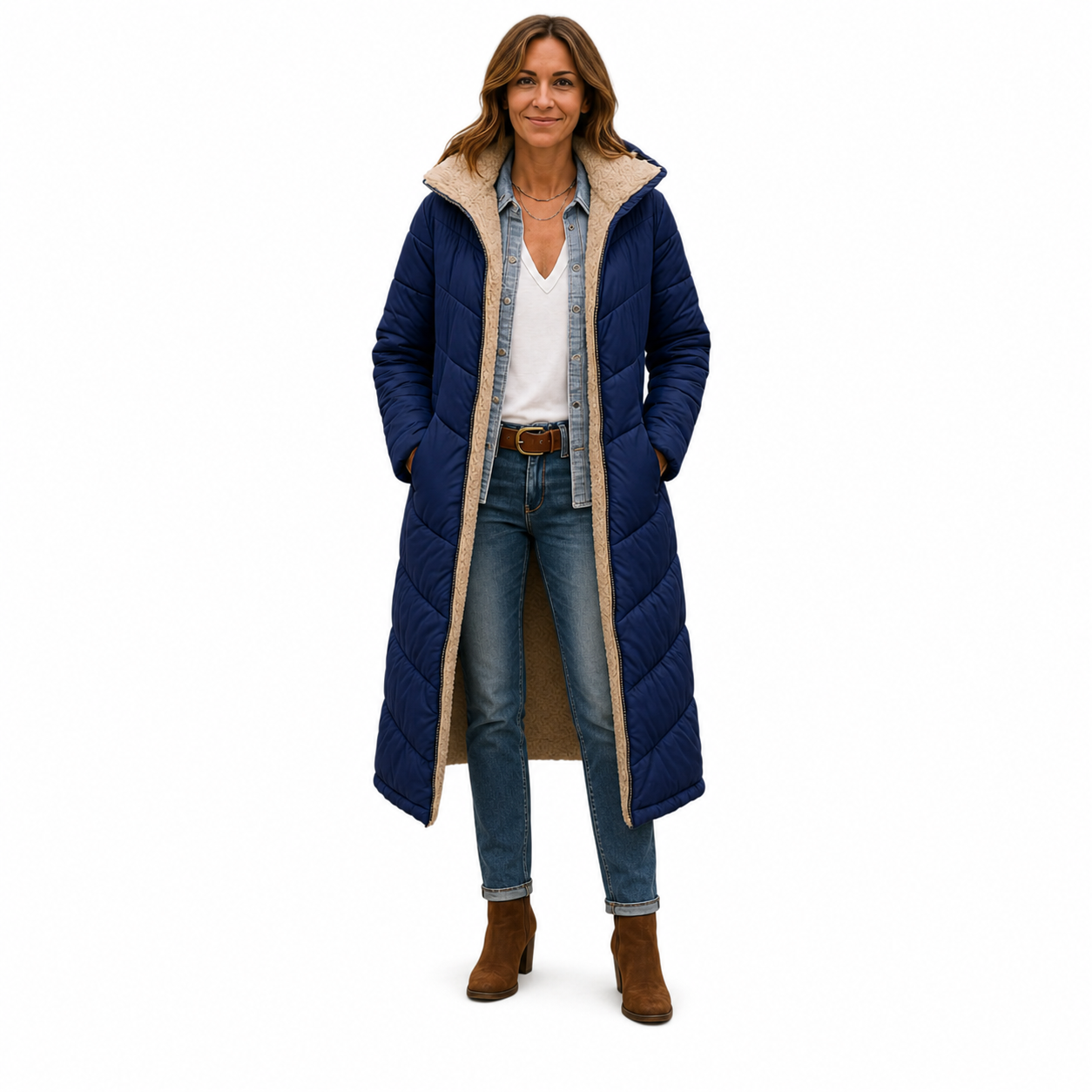 Women's Warm Hooded Winter Longline Puffer Jacket Quilted Coat - Gallery A position 2