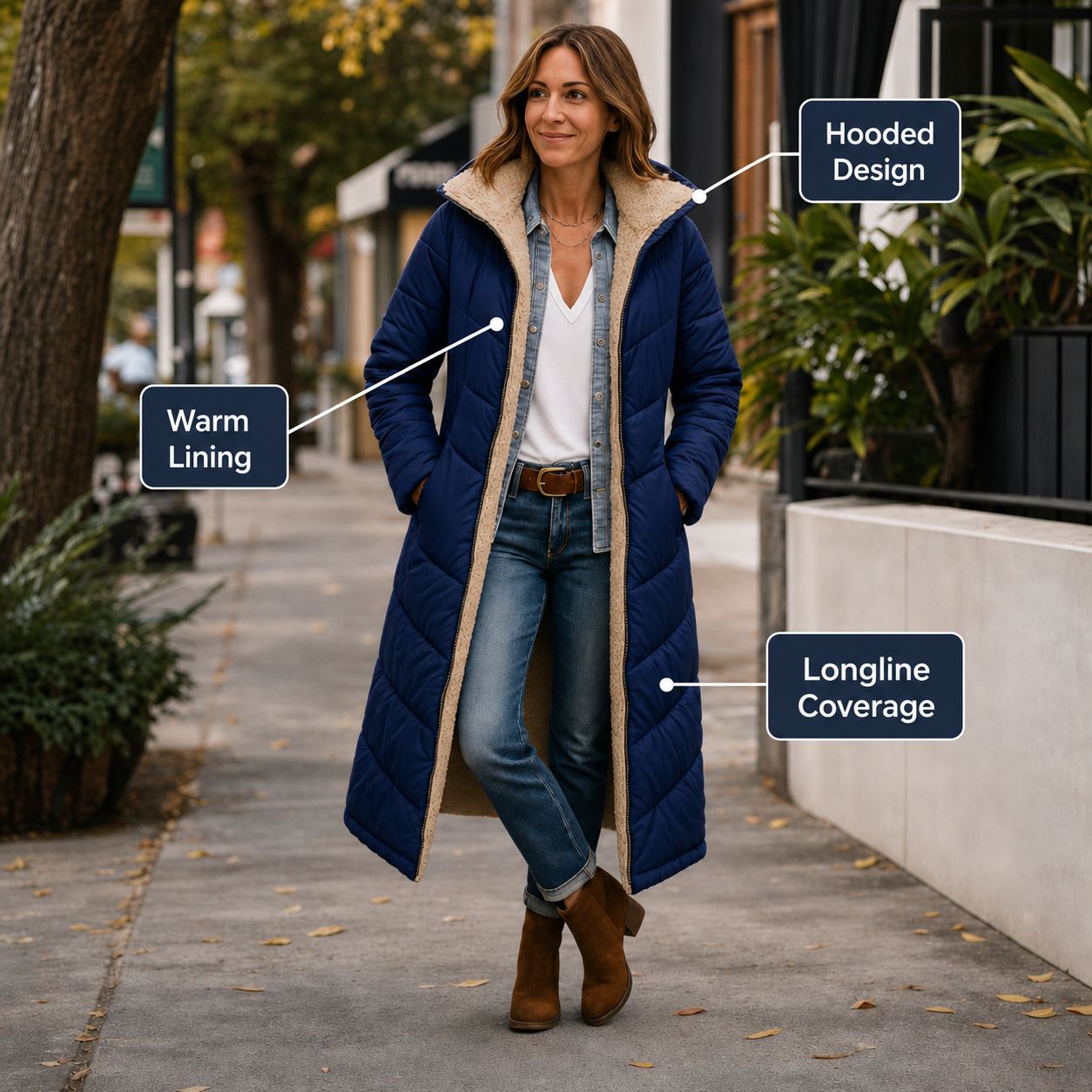 Women's Warm Hooded Winter Longline Puffer Jacket Quilted Coat - Gallery B position 5